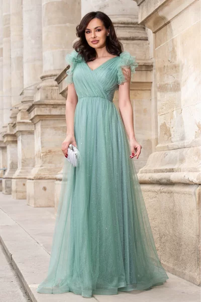 Rochie de seara lunga mint Nemesis cu glitter si flori 3D pe umeri