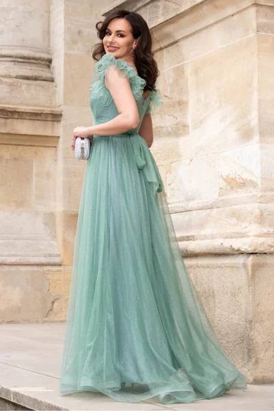 Rochie de seara lunga mint Nemesis cu glitter si flori 3D pe umeri