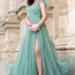 Rochie de seara lunga mint Nemesis cu glitter si flori 3D pe umeri