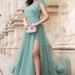 Rochie de seara lunga mint Nemesis cu glitter si flori 3D pe umeri