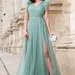 Rochie de seara lunga mint Nemesis cu glitter si flori 3D pe umeri